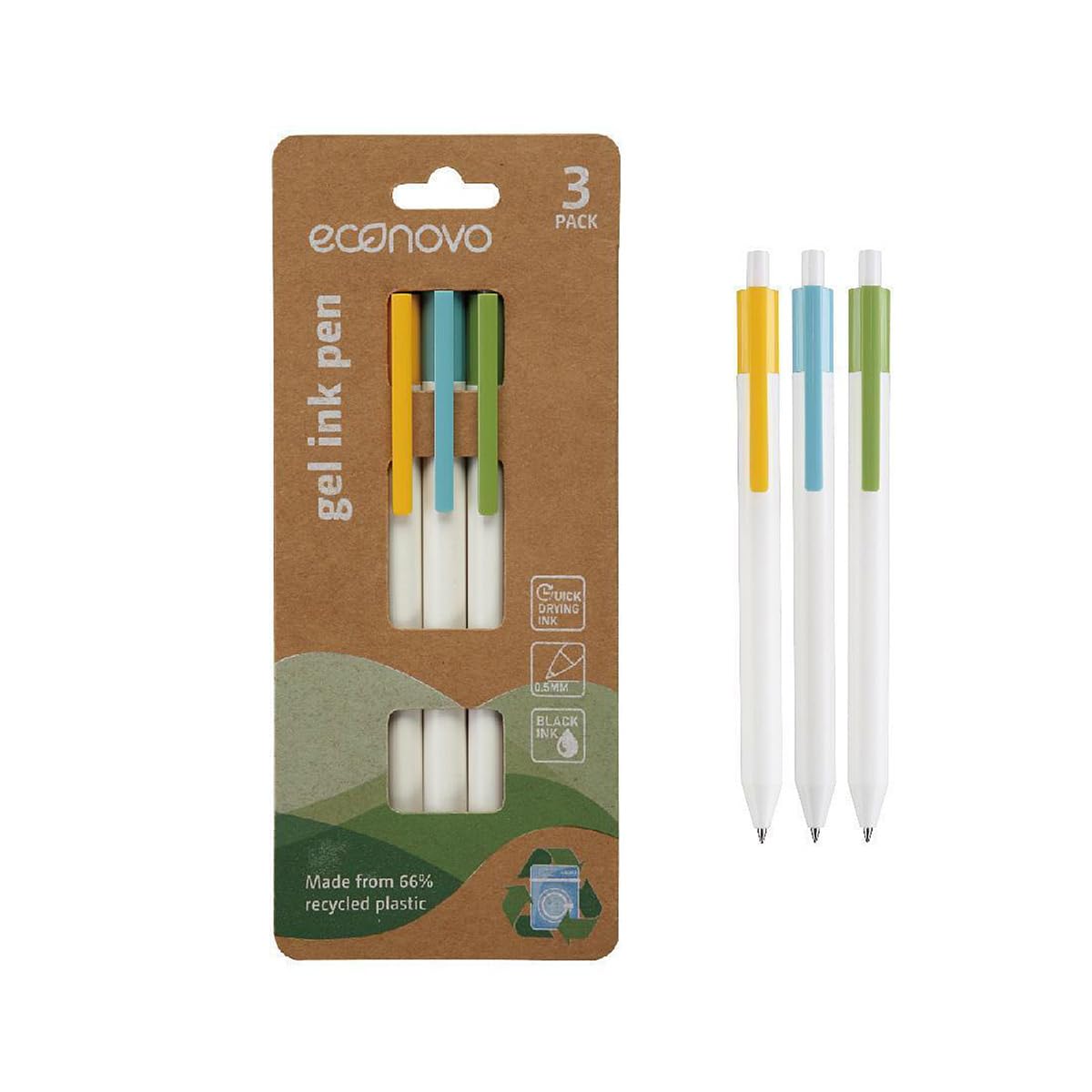 econovo Retractable Ballpoint Pen 0.5mm / 3 Pack / Made with 66% Recycled Plastic / Black Gel Ink / Blister Hanging Hole / Retractable Gel Pen /