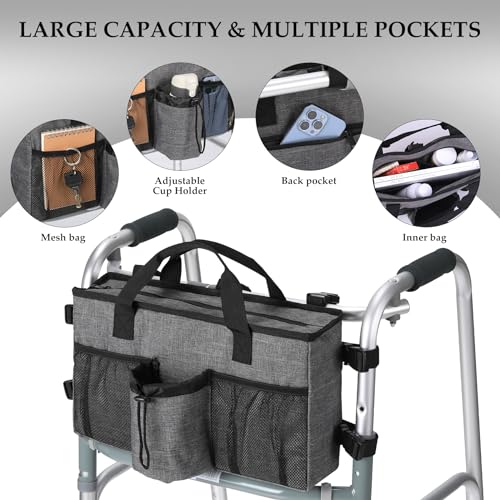 Foldable Walker Accessories with Cup Holder & Organizer Pouch (Gray)