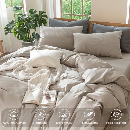 Image of MooMee Duvet Cover Set 100% Washed Cotton Linen Like Twin | Relaxed Linen-like Texture. Soft, Breathable & Long-lasting Comfort. Lightweight. Hidden Zipper with 8 Interior Corner Ties