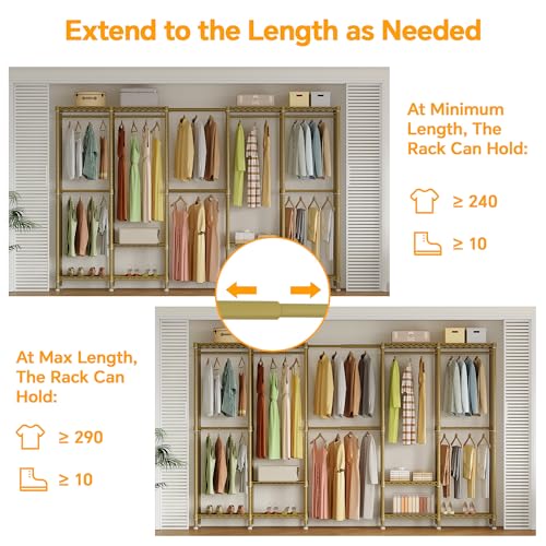 H5 Pro Heavy Duty Clothes Rack Wardrobe Closet for Hanging Clothes, Freestanding Garment Rack with Expandable Hanger Rods, Closet Organizer and Storage, (97.7-115.4")L x 15.7"W x 75.4"H, Gold