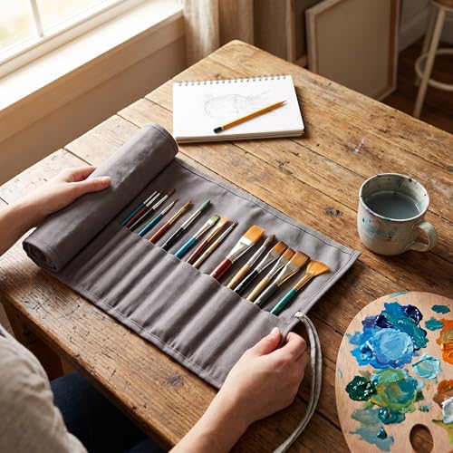 Image of GLOGLOW Storage Organizer Roll-Up Case Bag, Compact Portable Painting Tool Bag Gray Travel Brush Organizer for Artists Art Supplies Home or Studio Use