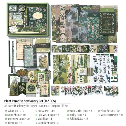 Image of The AutoStory Botanical Scrapbook Kit A6 Junk Journal Leaves Stickers Wildflower Decorative Papers Washi Tape DIY Craft Art Keepsake Memory Decor Collection Girls Teens (Plants Paradise, Green)
