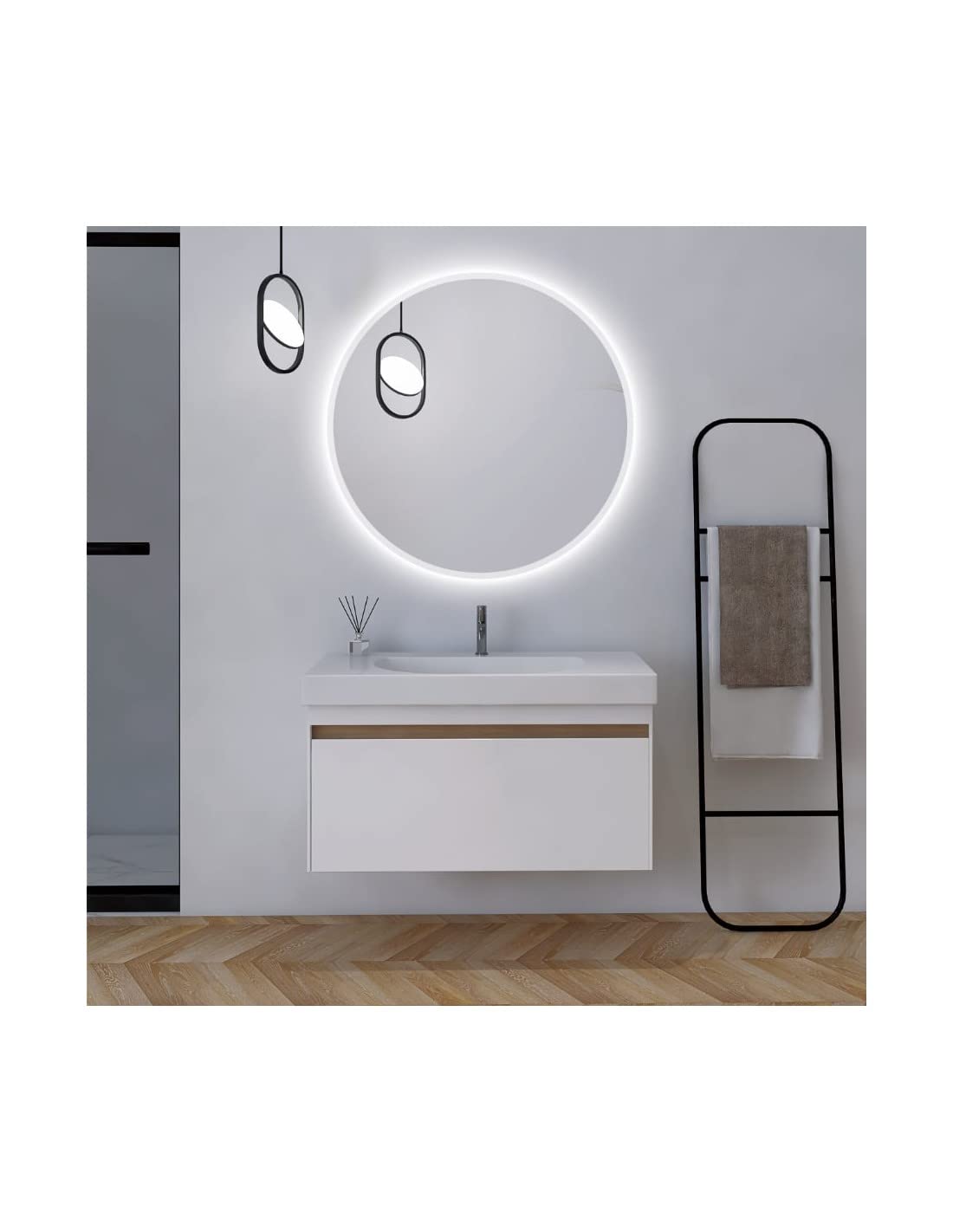 Mice - Espejos retroiluminado Redondo - Espejo Redondo, Contorno Arenado, luz fría - Espejo con luz led para Baño, Dormitorio, Maquillaje - Diametro Ø 100CM