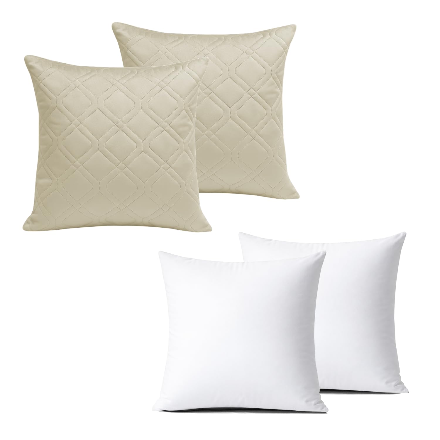 BedLooms Cushions with Covers Included 45x45 cm Beige Pack of 2 (2-Cushion Covers + 2-Cushion Inners) Ultrasonic Diamond Velvet Square Throw Pillow Cases with Invisible Zipper for Home Decor Bedroom
