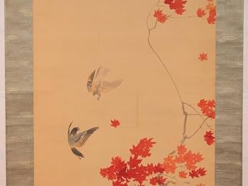 Amazon.co.jp: 【真作】松本楓湖「紅葉雀図」軸掛軸絹本共箱古画