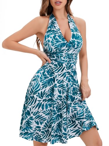 Image of Women's Summer Sundress- 2025 Sexy Halter Sleeveless Spring Boho Elastic Waist Ruffle Mini Dress