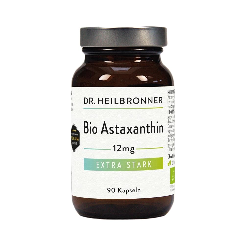 Dr. Heilbronner Astaxanthin 12mg Kapseln hochdosiert in der Glasflasche 90 Stk. I Antioxidantien aus der Vitalalge Haematococcus Pluvialis I Supplements Carotinoide vegan glutenfrei & lactosefrei