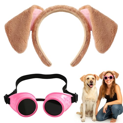 Valicaer Diadema de orejas de perro de felpa con gafas steampunk rosas, para fiesta de Navidad, Halloween, disfraz de cachorro, banda para el pelo, festival, cosplay, accesorios de decoración de
