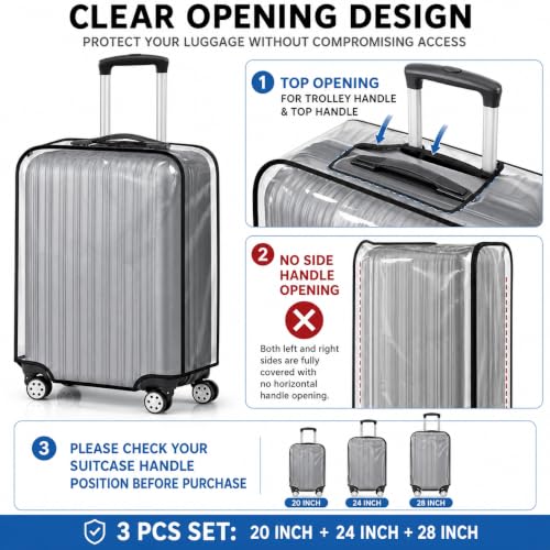 Image of 3 Pcs PVC Clear Suitcase Cover Set, 20 24 28 Inch Transparent Luggage Protector Cover with Top Handle Opening, Waterproof Dustproof Scratch Resistant Travel Bag Cover for Trolley
