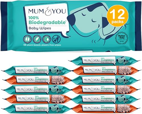Mum & You Biodegradable Baby Wipes Multipack, 672 Wet Wipes (12 Packs) | 99.4% Water based Wipes | Plastic Free and Eco Friendly Wipes | 100% Recyclable Packaging | Suitable for Newborn Sensitive Skin