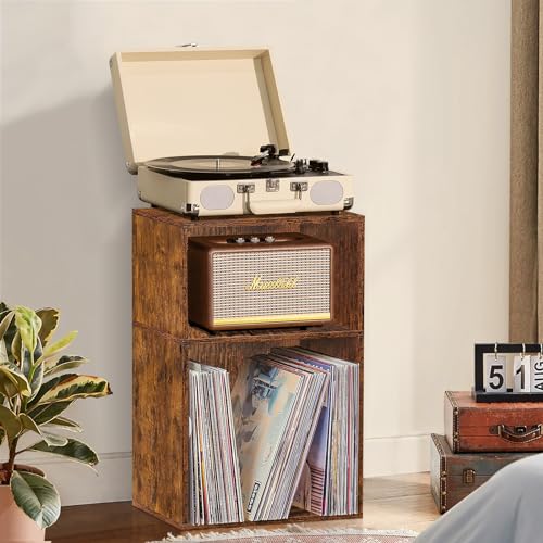 LEYAOYAO 2 Cube Bookshelf,Brown Record Player Stand Holds up to 100 Albums, Mini Wood Book Shelf Storage Organizer,Turntable Stand with Vinyl Storage Cabinet, Narrow Open Bookcase for Small Spaces