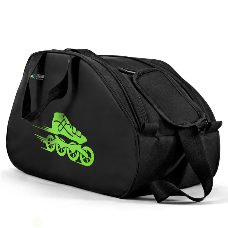 jaspo Nylon Exceed Skating Bag for Roller and Inline Skates,Large Capacity Inline Skating Gear Bag with Shoulder Straps Fits Skates, Helmet, Pads & Accessories (Exceed (Black/Neon))