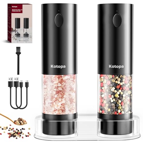 Salz und Pfeffermühle Elektrisch, Wiederaufladbare Pfeffermühle mit 5 Stufen einstellbarem Keramik Mahlwerk, Basis, LED Licht, 100mL große Pfefferstreuer- 2er Set(Schwarz)