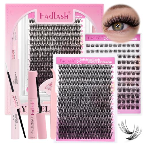 FADLASH 383Pcs DIY Wimpernverlängerungsset Einzellaschen Clusters Wimpernkleber und Versiegelung, Cluster-Wimpernkleberentferner, Wimpernpinzette (40P0.07D12-18mm, 40P0.07D8-16mm, 243+140Pcs Set)