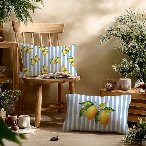 Image of Striped Blue and Yellow Summer Italian Mediterranean Amalfi Coast Lemon Pillow Cover Decor 12x20,Italian Decorative Throw Pillow Cover Decor for Couch Double-Sided Set of 2