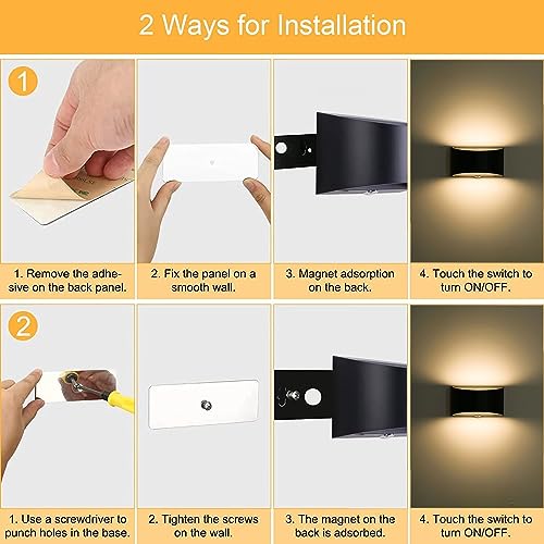 Image of Wall Sconces, Led Lights Battery Operated Wall Lights with USB Charging, Dimmable ON /Off Switch Touch Control for Bedroom, Hallway (Black, 3000K)