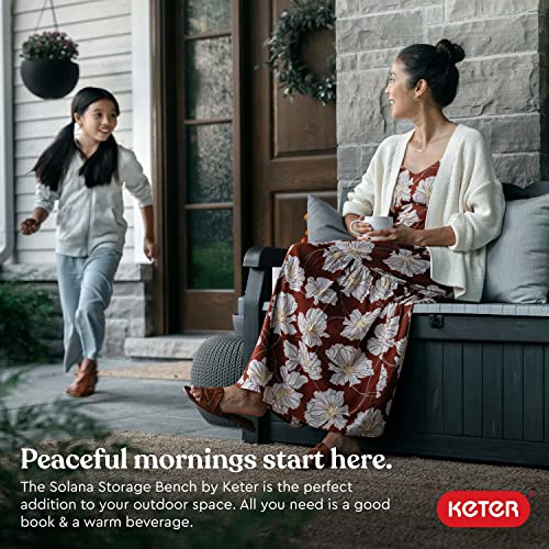 Keter Solana 70 Gallon Storage Bench Deck Box Grey & Westwood 150 Gallon Resin Large Deck Box-Organization And Storage For Patio Furniture Outdoor Cushions Garden Tools And Pool Toys Brown #TOP2