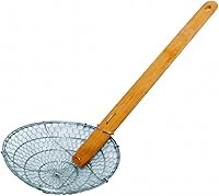 Vista 11 de Espumador de malla gruesa de 14 pulgadas de acero galvanizado con mango de bambú natural- Cucharón de araña para freír alimentos pasta espaguetis