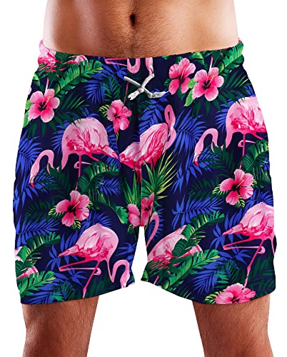 King Kameha Funky Hawaii Schwimm-Hose Bade-Hose Bade-Shorts, Flamingo Flowers, Navyblau Pink, XXL