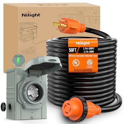 Image of Nilight 30A 50FT Generator Extension Cord Power Inlet Box with Locking Connector 125 /250V 7500W 10 Gauge STW ETL Listed 4 Prong L14-30P L14-30R Cable for RV Outdoor Use