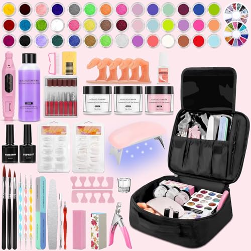42 Colors Acrylic Nails Kits with Drill and UV Light- Acrylic Nail Powder Glitter and Monomer Liquid Kit with Nail Storage Bag, 5PCS Practice Finger