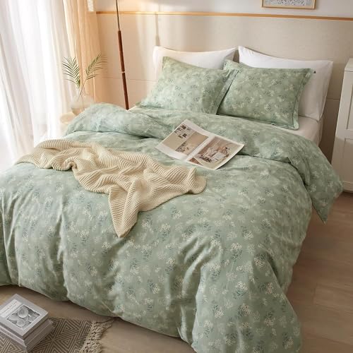 Reyos Boho Floral Duvet Cover Queen Aesthetic Green Floral Bedding Sets Garden Style Floral Comforter Cover Vintage Flower Botanical Duvet Cover Cotton Cottagecore Bedding Sets With Zipper Closure 4 Ties thumb #4