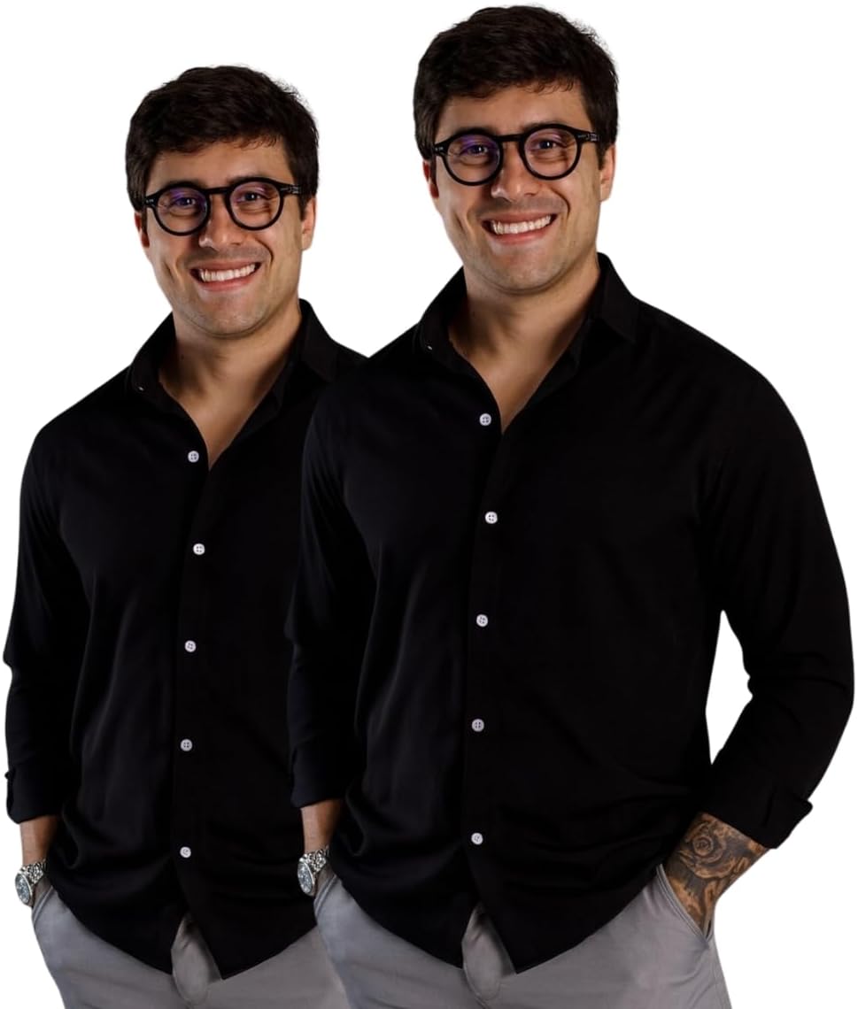 Kit 2 Camisas Sociais Masculinas, Manga Longa, Slim Fit, Tecido Premium, para Trabalho e Casual