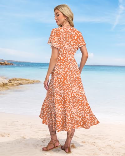 Image of AUSELILY Women Summer Midi Dresses Wrap Short Flutter Sleeve Elegant Dress | High Slit,High-waisted,Ruffled Hem,V-Neck,Fixed-strap Design,Skin-Friendly,Breathability,Wedding Guest Dresses