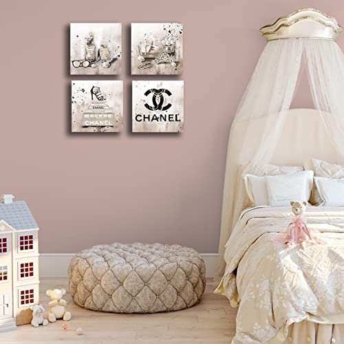 Image of Meetdeceny Beige Canvas Prints Artwork Fashion Bedroom Wall Decor Girls Handbag Wall Art for Living Room Perfume Wall Decorations Painting Art 10 inchx 10 inchx 4 Pieces