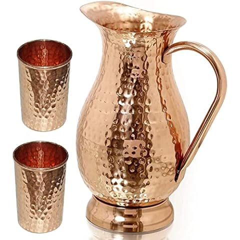 Royal Sapphire Copper Pitcher with a Lid - Pure Solid Copper Handcrafted Hammered Jug, Capacity 40 Oz, Pure Copper Carafe For Home, Hotel & Gifting with 2 free copper glass Cover