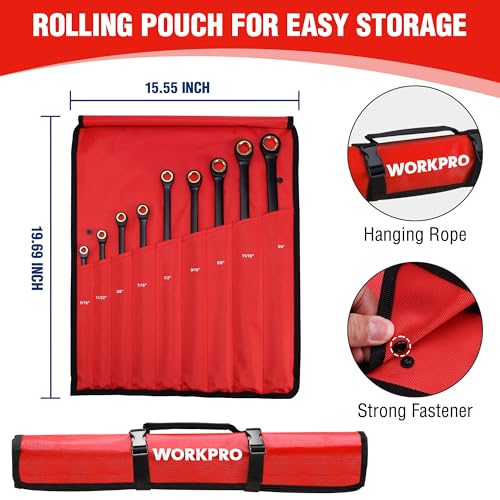 Image of WORKPRO Extra Long Ratcheting Wrench Set, 9-Piece Anti-Slip Double Box Wrenches Set, SAE 5 /16-3 /4 in, 72-Teeth, Cr-V Steel and Black Electrophoretic Coating Wrenches with Rolling Pouch