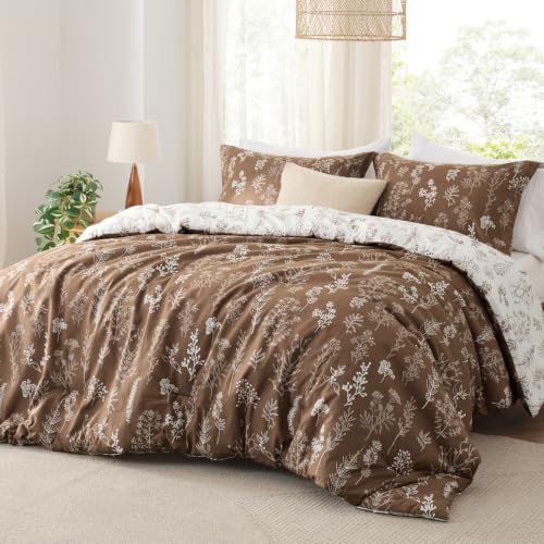 Image of Bedsure Queen Comforter Set - Dark Brown Bed Set, 3 Pieces Cute Floral Bedding, 1 Soft Reversible Botanical Flowers Comforter and 2 Pillow Shams
