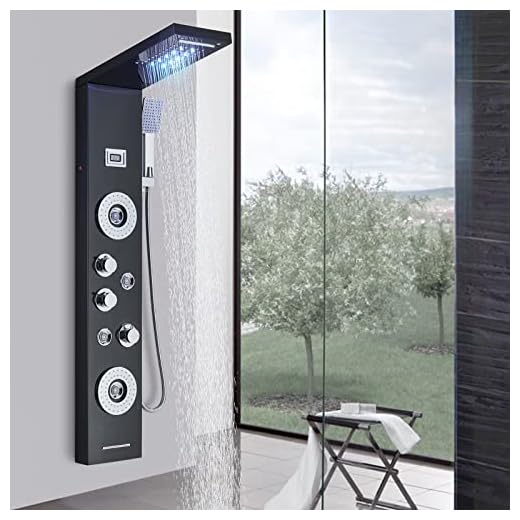 Panel de ducha columna de ducha de hidromasaje para baño con cabezal de ducha LED sistema de ducha de salida de agua multifunción de acero inoxidable negro