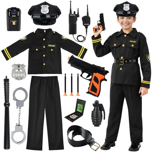 VICTERR Disfraz Policia Niño, Disfraz de Policía de Lujo con Policía Camisa Pantalones Sombrero Cinturón Policia Placa Esposas Walkie Talkie para Niños Halloween Fiesta Carnaval Police Juego Rol