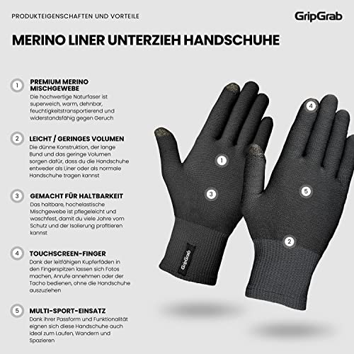 GripGrab Merino Liner Handschuhe Touchscreen Thermo Unterziehhandschuhe Fahrrad mit Merinowolle Radsport Alltag Wandern