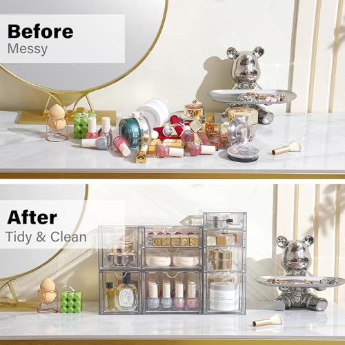 Image of Prsildan Acrylic Drawer Makeup Organizer with 9 Drawers, Set of 3 Office Desk Organizers Accessories, Clear Stackable Storage Drawers for Vanity, Countertop, Craft, Jewelry, Art Supply Organization