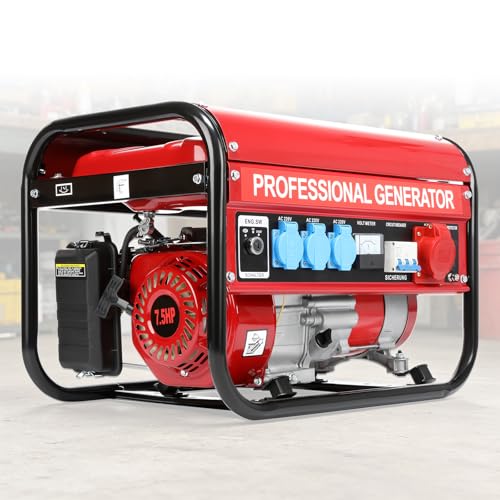 Benzin Notstromaggregat 6500W Max 3000W Dauerleistung, 7,5 PS Stromgenerator mit 4-Takt OHV-Motor AVR-Spannungsregelung 5 Steckdosen 3x 230V, 1x 400V und 1x 12V, für Baustelle, Werkstatt und Garage