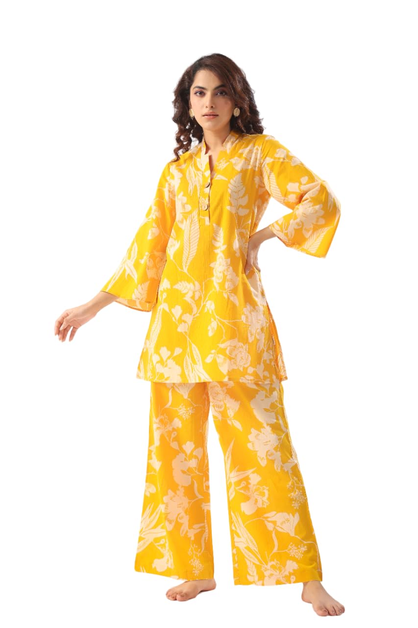 jisora Women's Mustard Organic Printed Pure Cotton Pyjama Top Night Suit Set-picture-29