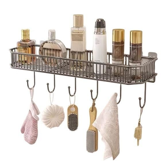 Bathroom Shelves Wall Mounted Shelf Organizer With 5 Hooks Stainless Steel Floating Shelves For Bath And Kitchen Saving