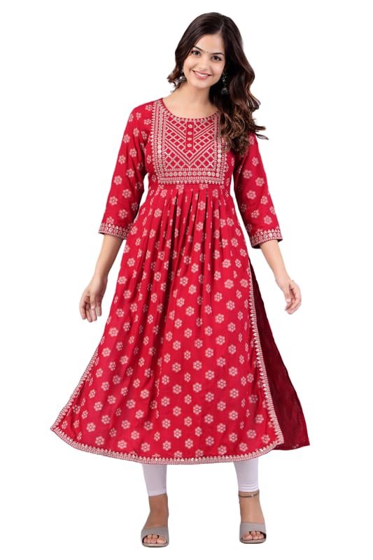 Image of NEW4U Women's Sequin Zari Embroidery Printed Naira Cut Kurti