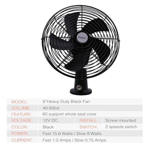 Facon 12V RV Cooling Fan with 2 Speed Switch, Dia: 8-3/4’’, Heavy Duty Black Metal Car Fan, for Auto Truck, RV, Camper, Trailer, Car, Buses and Boats by Facon - Image 2