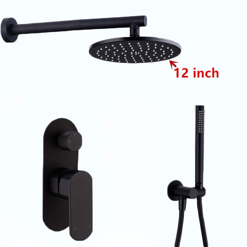 Doccia classica, set doccia a parete in ottone nero con soffione a pioggia rotondo da 8-12 pollici, rubinetto doccia, braccio miscelatore, deviatore e doccia a mano, set doccia di lusso (12 pollici)