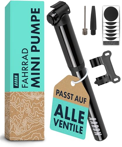 AARON Pocket One Mini Fahrradpumpe für alle Ventile - kompakte Luftpumpe passend für jeden Rahmen - Handpumpe für unterwegs mit gratis Pannenset - Rad Pumpe in schwarz/grau