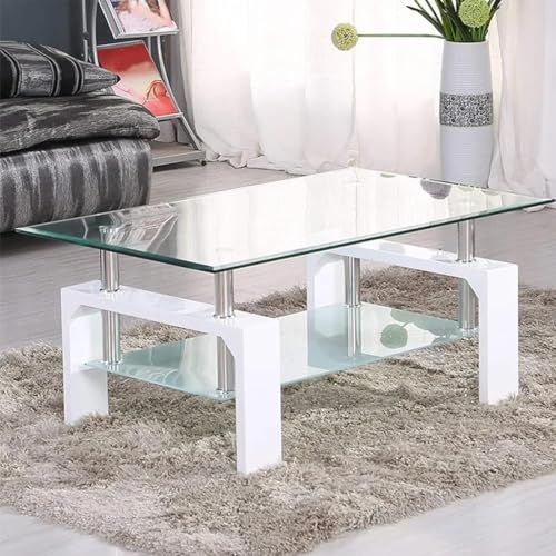 Glass Coffee Table, 2 Tier Modern Rectangle Tea Table w/Glass