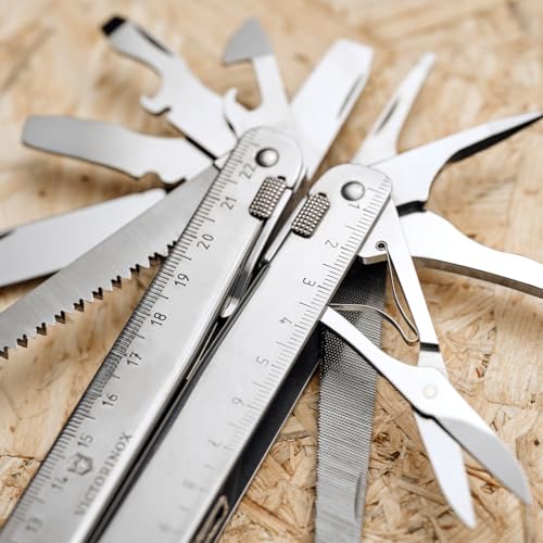 Image of Victorinox Swiss Tool X Plus Ratchet, 35 Function Multi-Tool - Silverr | Swiss made pocket tool with needle-nose pliers, wire cutter, crate opener, metal saw, and bit wrench in a leather pouch