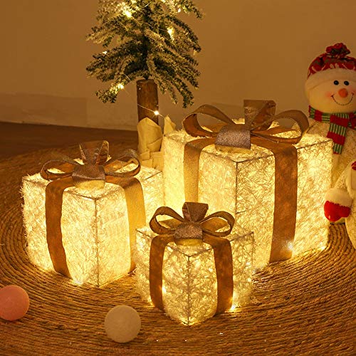 25/20/15 cm Sisal y ratán pre-Lit LED de luz Blanca cálida en Caja de Regalo y Rojo Cinta de árbol de Navidad, Juego de 3, Preiluminadas para Decoración Navideña,C