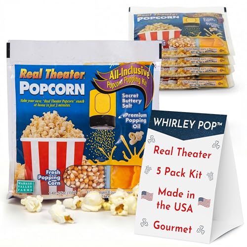 Wabash Valley Farms Real Theatre Popcorn Packs — Gourmet Kernel Kit for Popcorn Machines, Stovetop Poppers, and At-Home Movie Night Snacking — Perfect for Use with The Original Whirley Pop — 5 Pack