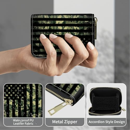 Image of Cute Credit Card Holder with Zipper, Military Camouflage American Flag RFID-Blocking Card Case Small Wallet for Women Men, Multi-slot Card Organizer Case Travel Accordion Wallet