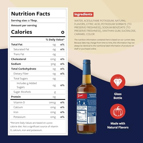 Image of Torani Sugar Free Coffee Syrup, Pumpkin Pie Flavored Syrup for Drinks, Zero Calorie, Glass Bottle 4-Pack, Pumps Included, 25.4 Fl Oz