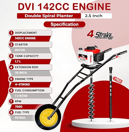 Image of DVI 142CC Trolley Earth Auger Machine, 4-Stroke Petrol Engine - with 2.5 Inch Double Spiral Planter Bits & Free Extension Rod | for Plantation, Fencing & Post Hole Digging in All Soil Types.